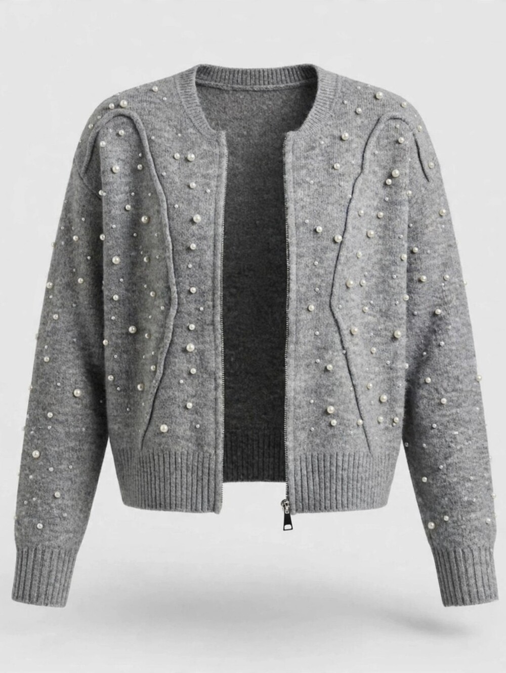 Gray Pearl-Embellished Women's Sweater